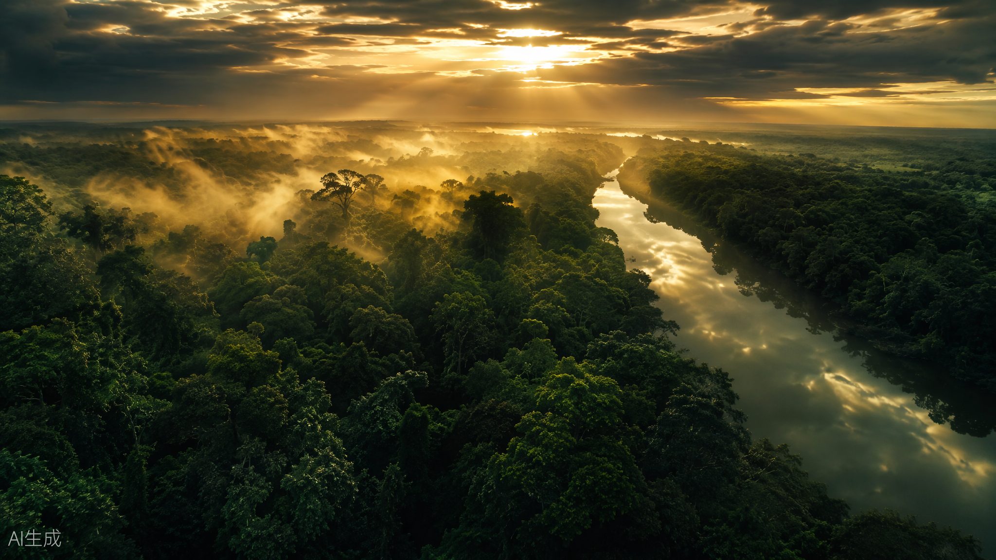 Vista aérea da floresta Amazônica ao amanhecer