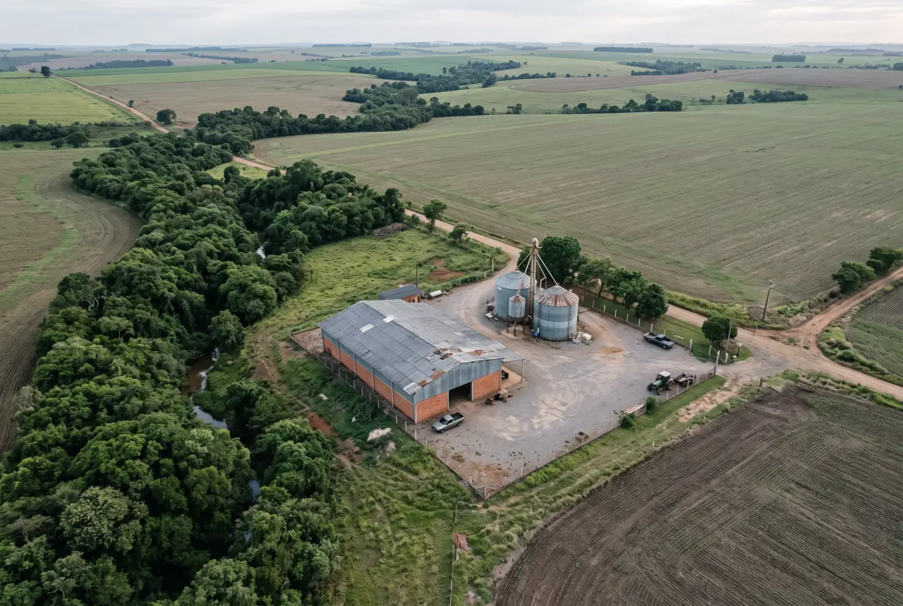 Vista aérea de uma pequena unidade agroindustrial: um armazém e dois silos entre plantações.