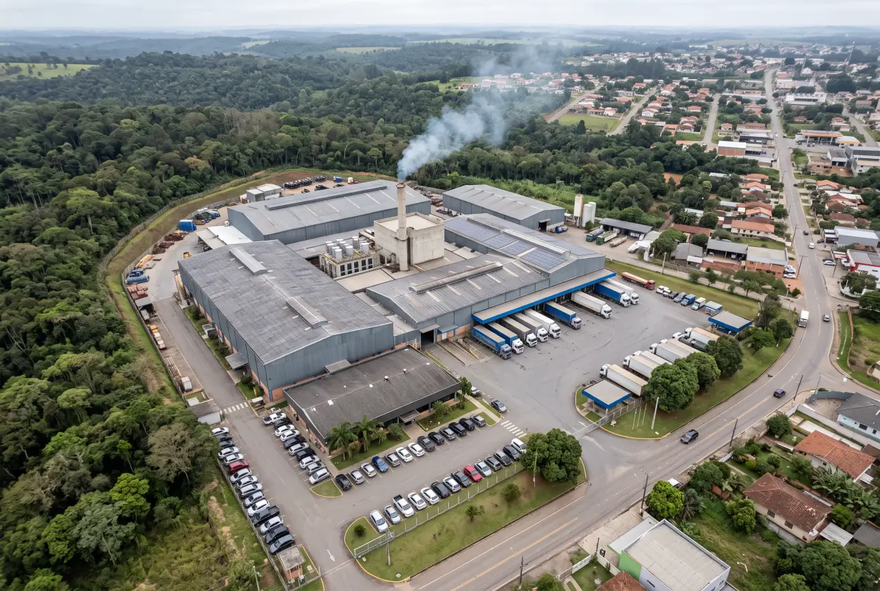 Vista aérea de uma fábrica de porte médio, com galpões, uma chaminé baixa e pátio de caminhões.