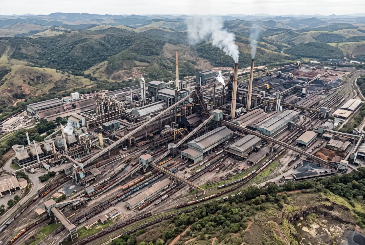 Vista aérea de um grande complexo siderúrgico, com muitos galpões, esteiras, ramais ferroviários e chaminés altas.