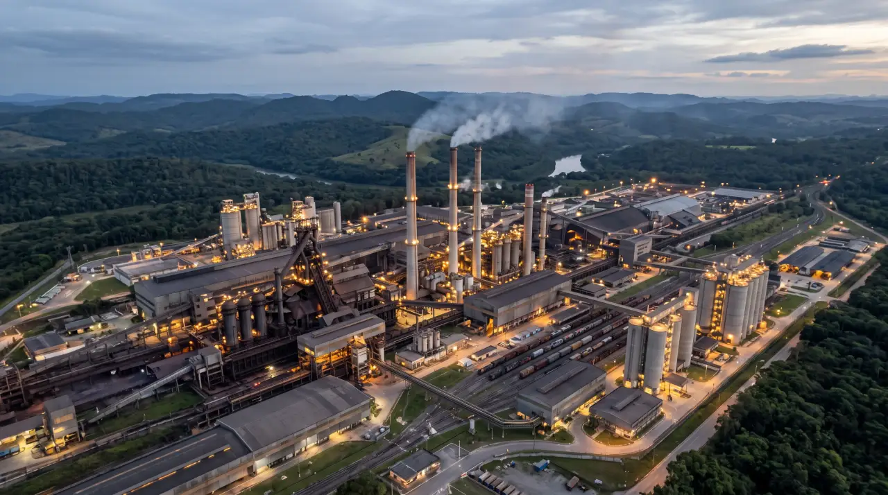 Vista aérea de uma fábrica de cimento ao anoitecer, com chaminés soltando vapor e morros verdes ao redor.