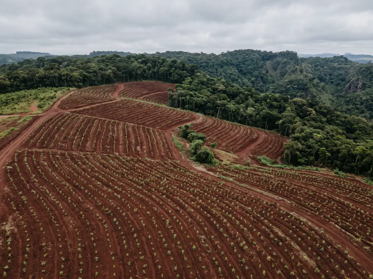 Área de restauração no plantio: fileiras de mudas nativas em solo vermelho, com a mata atlântica ao fundo.